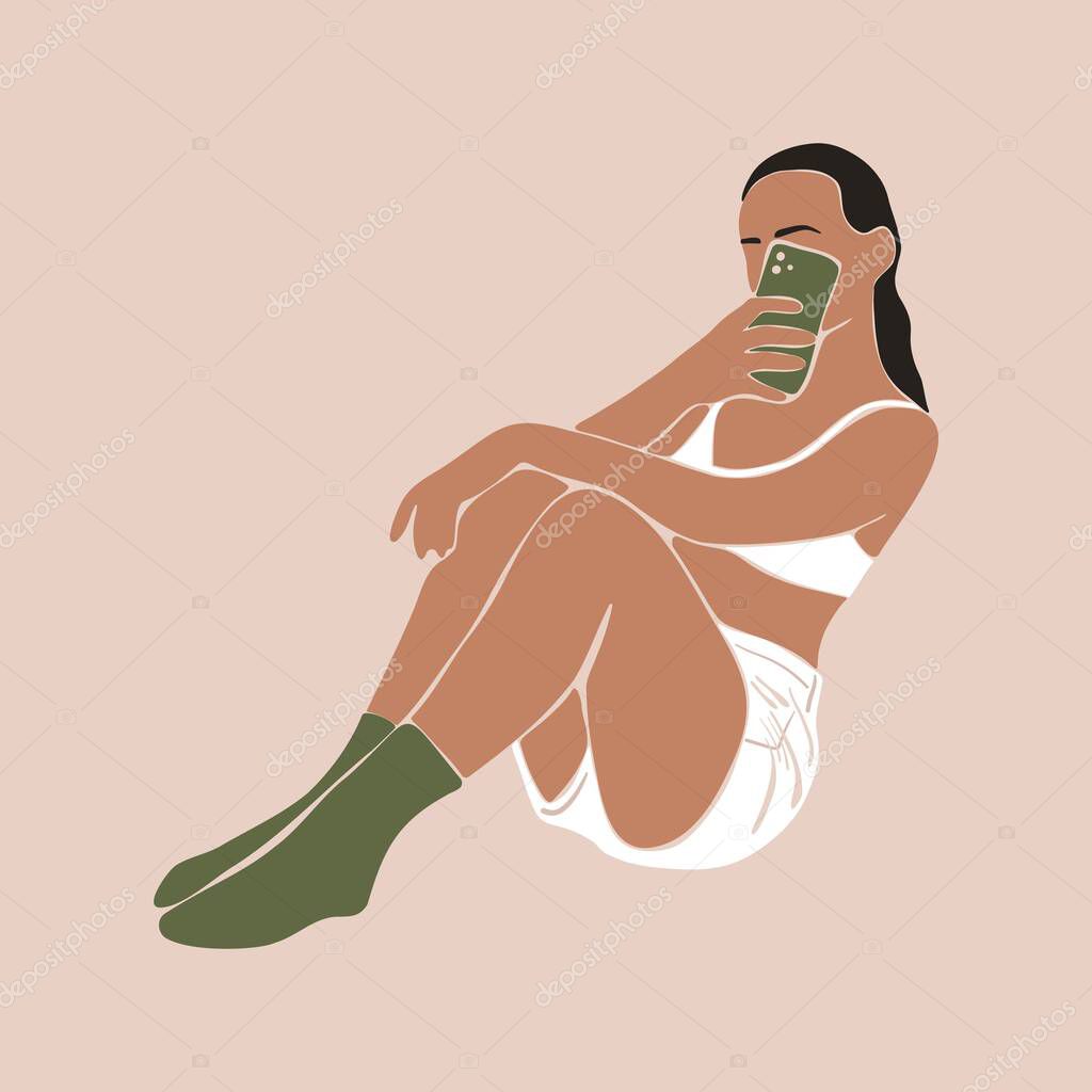 Abstract woman blogger. Female silhouette fashion print, contemporary minimalist graphic design. Vector illustration.