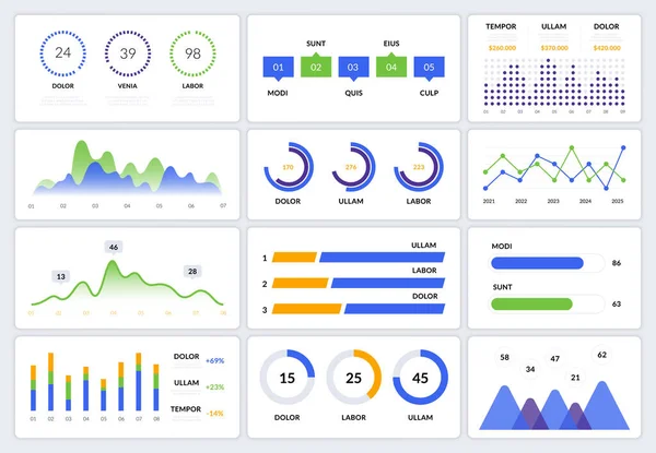 Dashboard UI infographic. Data grafieken HUD diagrammen, moderne app interface. Vectorillustratie — Stockvector
