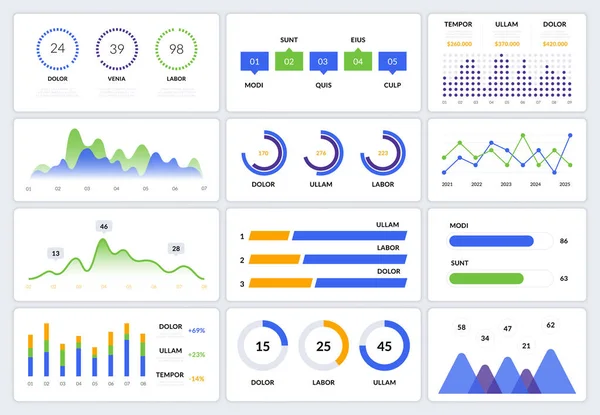 Tableau de bord infographie UI. Graphiques de données d'écran de présentation Web Diagrammes HUD, interface d'application moderne. Illustration vectorielle — Image vectorielle