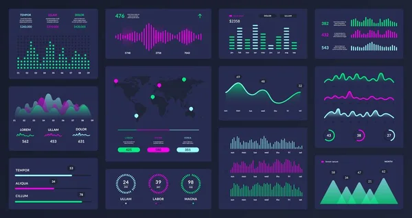 Infographie des cartes technologiques. Application de données d'administration, tableau de bord interactif d'affaires, écran de site Web de technologie HUD. Diagrammes vectoriels — Image vectorielle