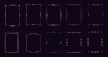 Art deco altın çerçeveler. Düğün davetiyeleri ve premium etiket tasarımı için lüks altın sınırlar, basit modern geometrik klasik barok çerçeve elementleri. Vektör zarif kümesi.
