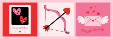 Sevgililer Günü tebrik kartları. 14 Şubat bayramı için aşk sembolleri, evlilik yıldönümü kutlamaları için yaratıcı posterler olan romantik broşürler. Vektör seti.