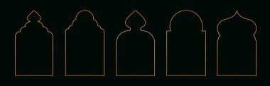 Arap altın çerçeveleri. İslami geometrik pencere ve kapılar, doğulu cami kemeri mimarisi, modern raamadan kareem parlak çerçeve tasarımı, lüks oryantal dekoratif sınırlar. Vektör seti.