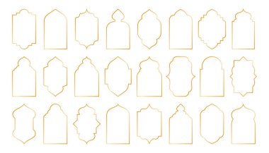 Arap altın çerçeveleri. İslami geometrik pencere ve kapılar, doğulu cami kemeri mimarisi, Ramazan kareem parlak çerçeve Müslüman tasarımı, lüks oryantal dekoratif sınırlar. Vektör seti.