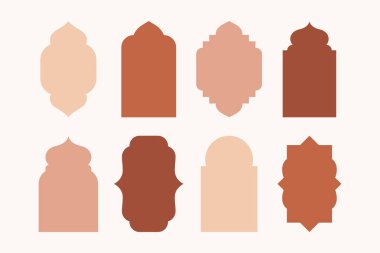 İslami pencere ve kemerler. Geleneksel dekoratif mimari tasarıma sahip soyut Arap cami çerçeveleri, asgari doğu kapıları kubbesi ve fenerler modern tarzı simgeliyor. Vektör seti.