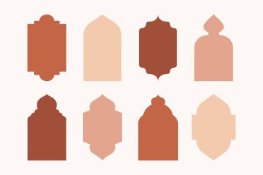 İslam pencereleri ve kemerleri. Geleneksel İslami desenlere sahip Arap cami çerçeveleri, Müslüman kubbesi ve fenerler minimalist çağdaş tasarımı boho boho. Vektör seti.