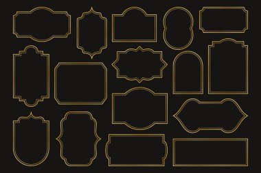 Basit altın çerçeveler. Antika altın geometrik sınır koleksiyonu, tebrik kartı daveti için zarif dekoratif parlak unsurlar, lüks klasik doğrusal tasarım. Vektör çerçevesi ayarlandı.