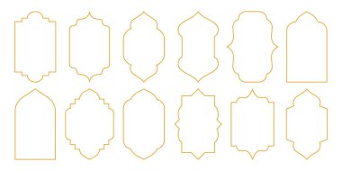 Altın arap çerçeveler. Geleneksel cami kapısı ve pencere siluetleriyle Geometrik İslami altın kemer, doğu dekorasyonu, modern raamadan kareem sınırları. Vektör seti.