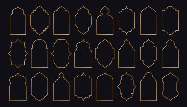 Altın Arap çerçeveleri. İslami pencere kapıları, geometrik oryantal cami kemeri mimarisi, raamadan kareem parlak çerçeve Müslüman tasarımı, lüks oryantal dekoratif sınırlar. Vektör seti.