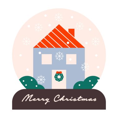 Noel kar küresi. Sihirli kış kristal küresi ev düşen kar ve xmas manzarası, yeni yıl şeffaf hatırası. Vektör çizgi film illüstrasyonu.