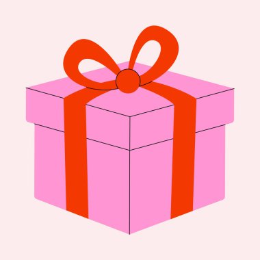 Tatil hediyesi kutusu. Kırmızı kurdele ve fiyonklu soyut hediye paketi, Sevgililer Günü, Noel, doğum günü partisi için doğum günü süslemesi. Vektör illüstrasyonu.