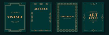 Art deco davetiye kartları. Lüks geometrik çerçeveli altın renkli davetiye posterleri, gala partisi broşürü tasarımı, altın dekoratif ince çizgi sınırı. Vektör çerçevesi ayarlandı.