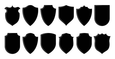 Kalkan simgesi. Güvenlik kalkanı çerçeveleri, kraliyet amblemleri gizlilik koruması konsepti, basit güvenlik rozeti siluetleri, geometrik dikdörtgen kalkanlar. Vektör düz kümesi.