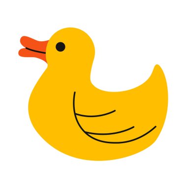 Kauçuk ördek. Şirin köpek oyuncağı çizgi film stili, çocuklar ve yavrular için sarı gıcırtılı kuş, yüzen duş nesnesi, renkli doldurulmuş ve çiğnenen köpek malzemeleri. Vektör izole illüstrasyonu.