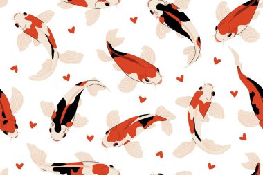 Koi balığı deseni. Japon sazan desenli sazan deseni, ambalaj kağıdı, tekstil, duvar kağıdı, kumaş tasarımı için renkli sazan balığı arkaplanı. Vektör çizgi film dokusu.