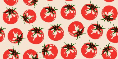 Domates deseni. Kırmızı domateslerin kusursuz besin baskısı, sağlıklı organik gıdaların soyut sebzeleri, ambalaj için modern arka plan, duvar kağıdı, kumaş. Vektör illüstrasyonu.