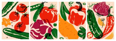 Taze sebze posteri. Sağlıklı beslenme için organik doğal gıda ürünleri, market market market restoran menüsü için klasik vejetaryen gıda örtüleri. Vektör soyut koleksiyonu.