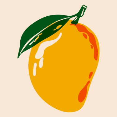 Yapraklı mango. Yeşil yapraklı olgun meyveler, vitaminli egzotik organik tatlı, klasik tropikal mango riso baskı efekti. Vektör izole illüstrasyonu.