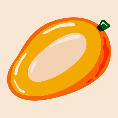 Tohumlu yarım mango. Olgun meyve, taze tropikal egzotik tatlı sulu mango tatlı, sağlıklı organik diyet yiyecekler, mutfak malzemesi risograf etkisi. Vektör vintage çizimi.