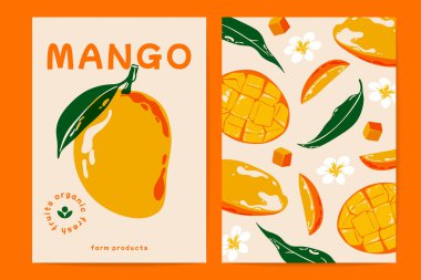 Mango poster seti. Egzotik meyveli soyut afiş tasarımı olgun tropikal mangolu klasik baskı tatlı vejetaryen sağlıklı yiyecekler. Vektör koleksiyonu.