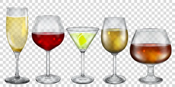 Bicchieri e calici trasparenti con bevande — Vettoriale Stock