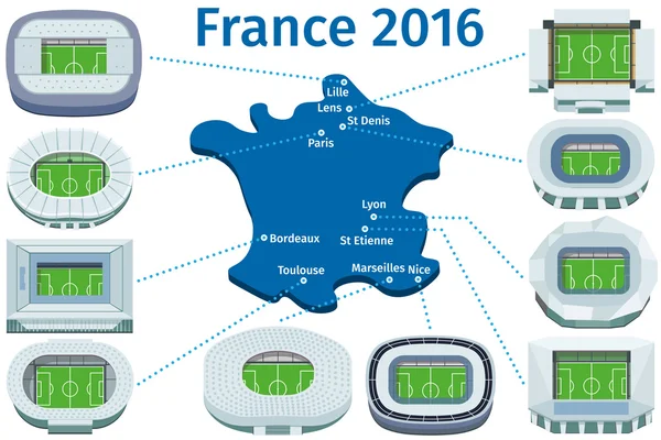 Lapos stadionok, és a város labdarúgó-Európa-bajnokság Franciaország 2016. — Stock Vector