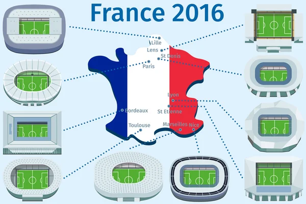 Flat Stadiums e Campionato di calcio cittadino Francia 2016 . — Vettoriale Stock