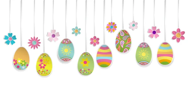 Hanging paper Easter eggs and flowers — Stock Vector