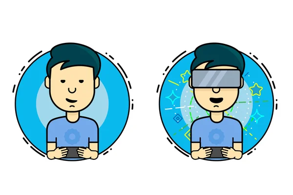 Jongen spelen op de virtual reality en smartphone. — Stockvector