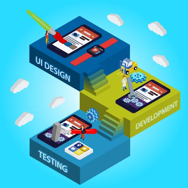 Lapos 3d izometrikus Ui design, developer app vizsgálat — Stock Vector