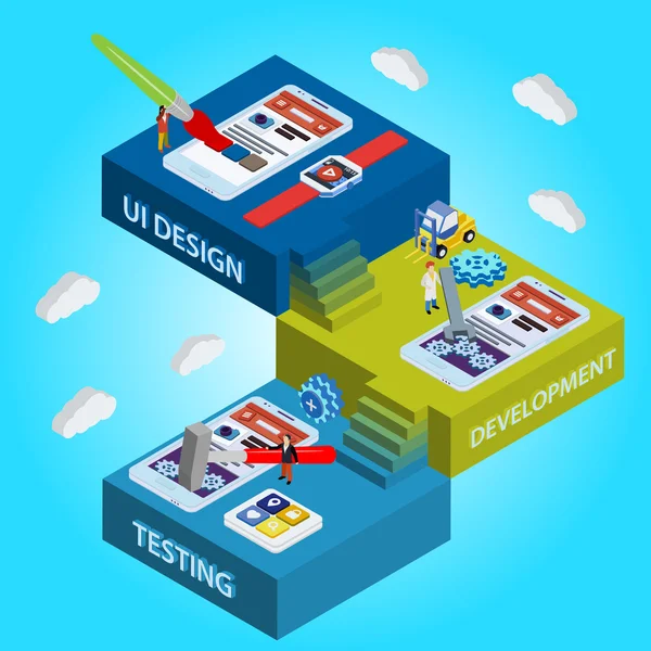 App fejlesztési folyamat. lapos 3d izometrikus Ui design — Stock Vector