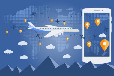 Düz taşıma, ulaşım, seyahat. Vektör web afiş seyahat uçak, tatil, macera tarafından Tema