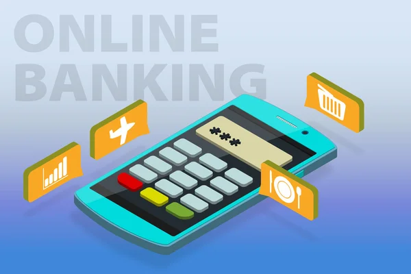 Επίπεδης 3d ισομετρική διάνυσμα clipart online τραπεζικές συναλλαγές. Γρήγορες πληρωμές χρησιμοποιώντας ένα κινητό τηλέφωνο — Διανυσματικό Αρχείο