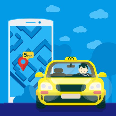 Düz sarı taksi yolda seyahat bir sürücü ile