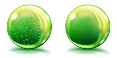 Büyük yeşil cam küreler ve hava kabarcıkları ile olmadan