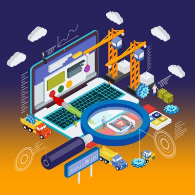 Düz 3D dizüstü bilgisayar ve akıllı saatler. Fütüristik sanal grafik kullanıcı arayüzü