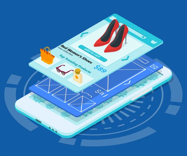 Aplikacja mobilna rozwoju 3d płasko izometryczny ilustracja z smartphone — Wektor stockowy