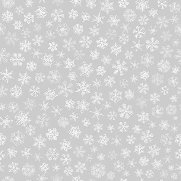 Patrón sin costuras de copos de nieve, blanco sobre gris — Vector de stock