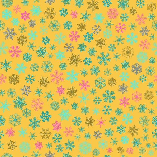 Nahtloses Muster von Schneeflocken, hellblau und rosa auf gelb — Stockvektor