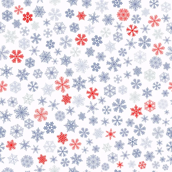 Patrón sin costuras de copos de nieve, rojo y gris sobre blanco — Vector de stock
