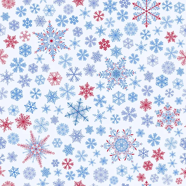 Nahtloses Muster von Schneeflocken, hellblau und rot auf weiß — Stockvektor