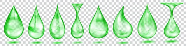 透明な背景に隔離された様々な形の緑の色で半透明の水の滴のセット ベクトル形式でのみ透明 — ストックベクタ