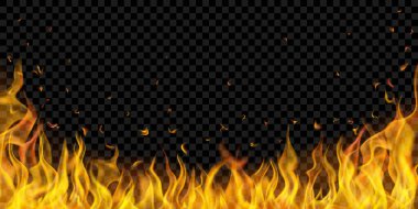 Şeffaf ateş alevleri ve şeffaf arka planda kıvılcımlar. Karanlık illüstrasyonlarda kullanılmak üzere. Sadece vektör biçiminde şeffaflık