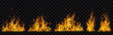 Set of translucent burning campfires of flames and sparks on transparent background. For used on dark illustrations. Transparency only in vector format clipart