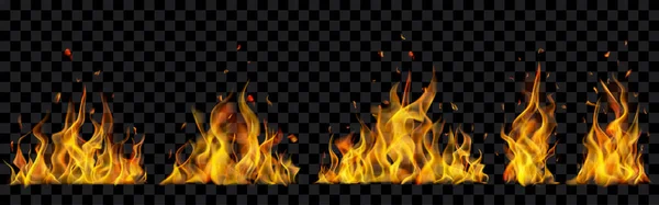 一套半透明的燃烧着火焰和火花的篝火 背景透明 用于深色插图 只有矢量格式的透明度 — 图库矢量图片