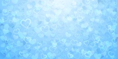 Açık mavi renkli saydam küçük kalplerin arka planı. Sevgililer Günü illüstrasyonu