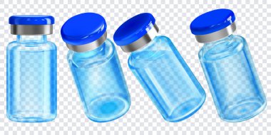 Şeffaf arka planda mavi kapaklı gerçekçi şeffaf koronavirüs aşı şişeleri.