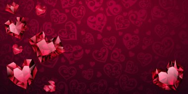 Büyük, küçük ve kırmızı renkli kristal kalplerin arka planı. Sevgililer Günü İllüstrasyonu