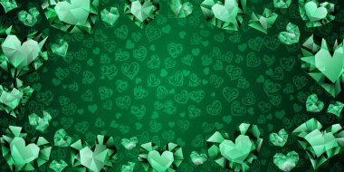 Büyük, küçük ve yeşil renkli kristal kalplerin arka planı. Sevgililer Günü İllüstrasyonu