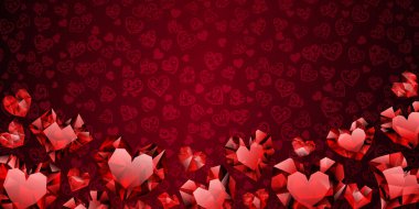 Büyük, küçük ve kırmızı renkli kristal kalplerin arka planı. Sevgililer Günü İllüstrasyonu